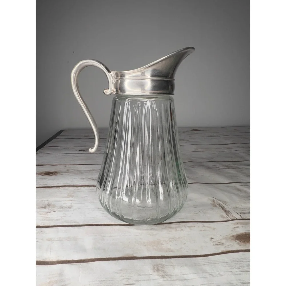 VTG Water Pitcher Silver Fluted Glass Ice Guard Scroll Handle 10.5in